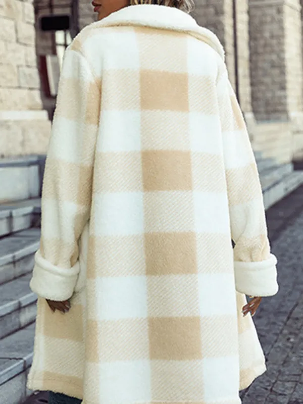 Winter Mid-Length Teddy Bear Coat | Cozy Plaid Plush Jacket with Handy Pockets