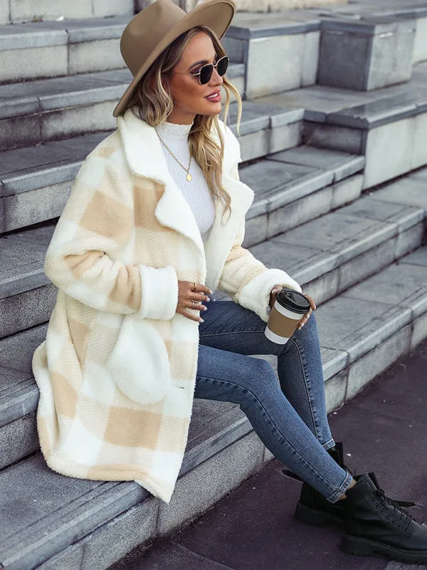 Winter Mid-Length Teddy Bear Coat | Cozy Plaid Plush Jacket with Handy Pockets