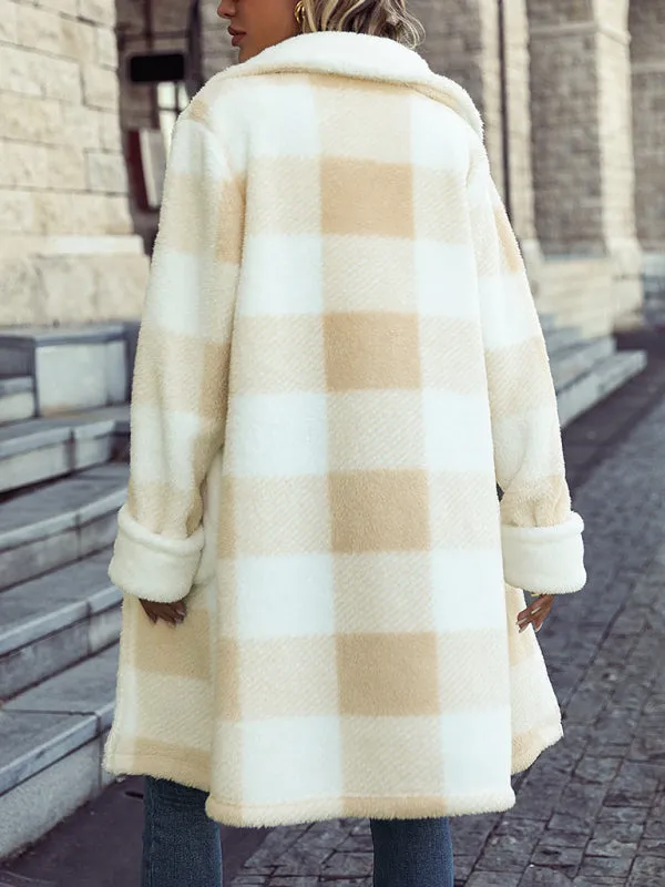 Winter Mid-Length Teddy Bear Coat | Cozy Plaid Plush Jacket with Handy Pockets