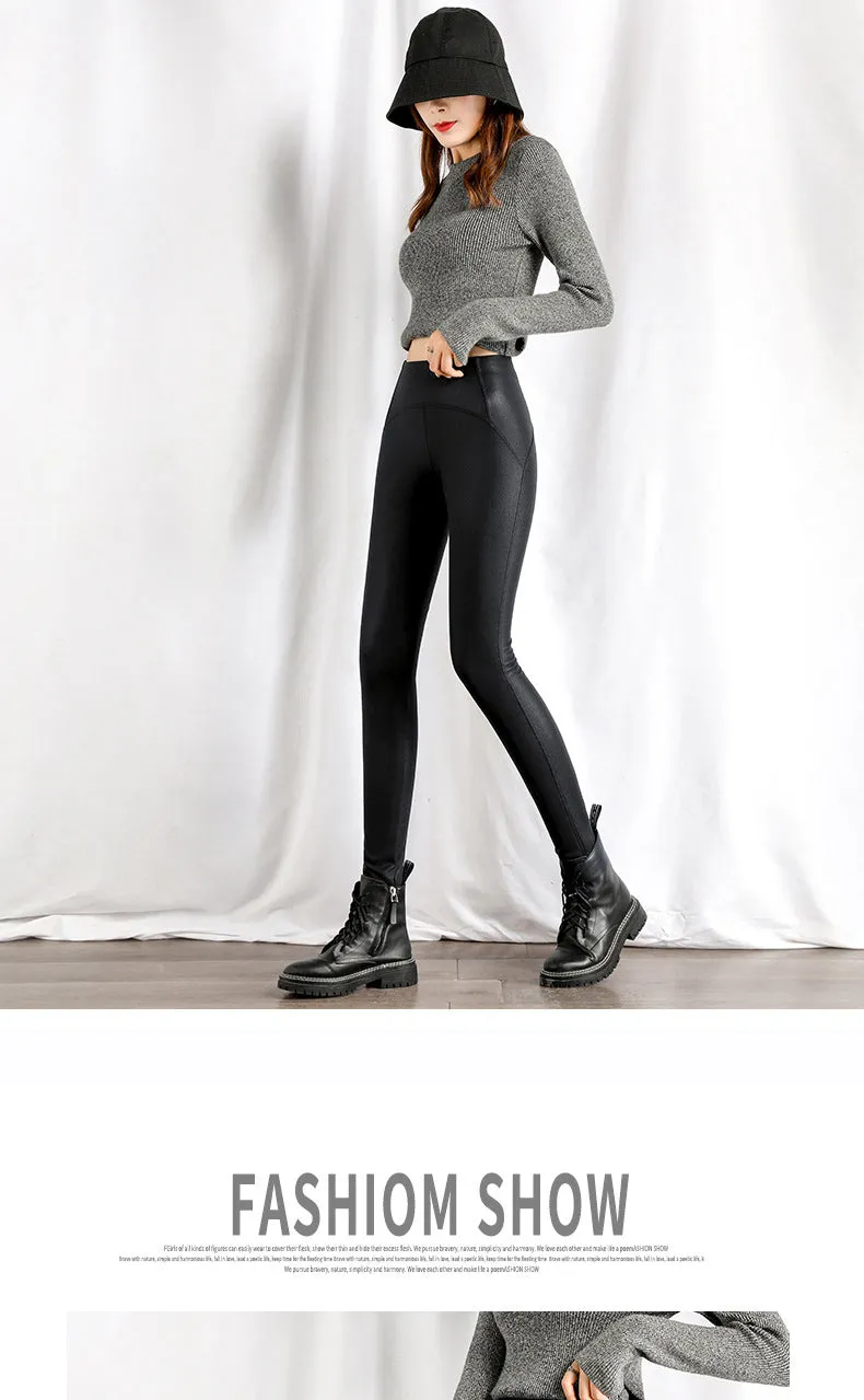 Wjczt Autumn Winter Black Fleece Matte Leather Leggings Women&#39;s High Waist Lift Buttock Trousers Slim Skinny Legging Pants