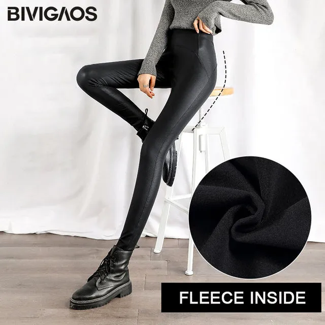 Wjczt Autumn Winter Black Fleece Matte Leather Leggings Women&#39;s High Waist Lift Buttock Trousers Slim Skinny Legging Pants