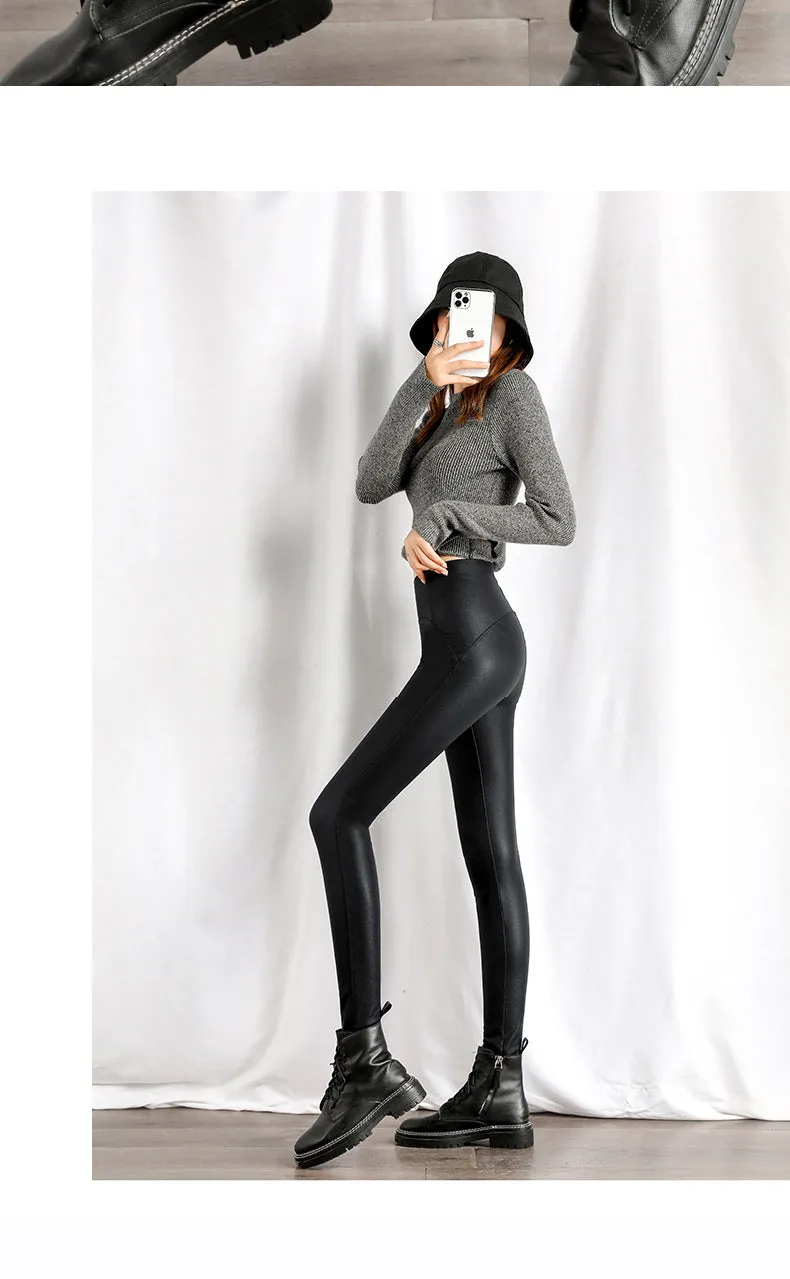 Wjczt Autumn Winter Black Fleece Matte Leather Leggings Women&#39;s High Waist Lift Buttock Trousers Slim Skinny Legging Pants