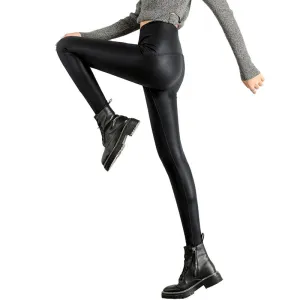 Wjczt Autumn Winter Black Fleece Matte Leather Leggings Women&#39;s High Waist Lift Buttock Trousers Slim Skinny Legging Pants