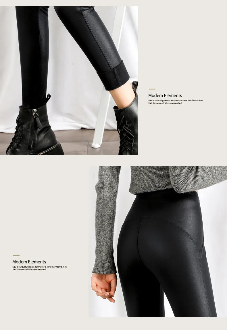 Wjczt Autumn Winter Black Fleece Matte Leather Leggings Women&#39;s High Waist Lift Buttock Trousers Slim Skinny Legging Pants