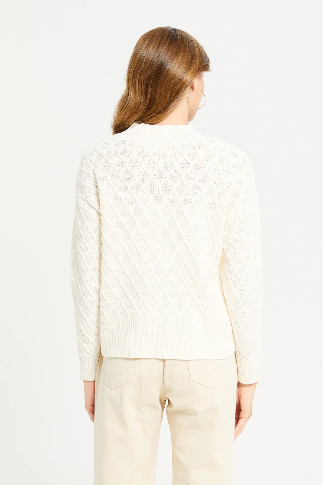 Women Ivory Embellished Cable Knit Pullover