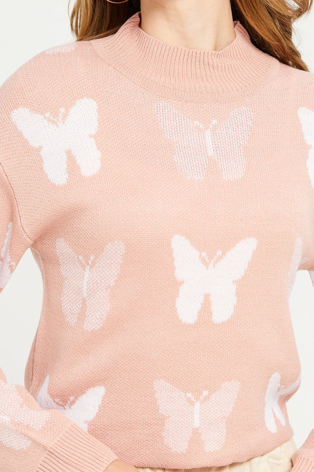 Women Pink Butterfly Printed Pullover