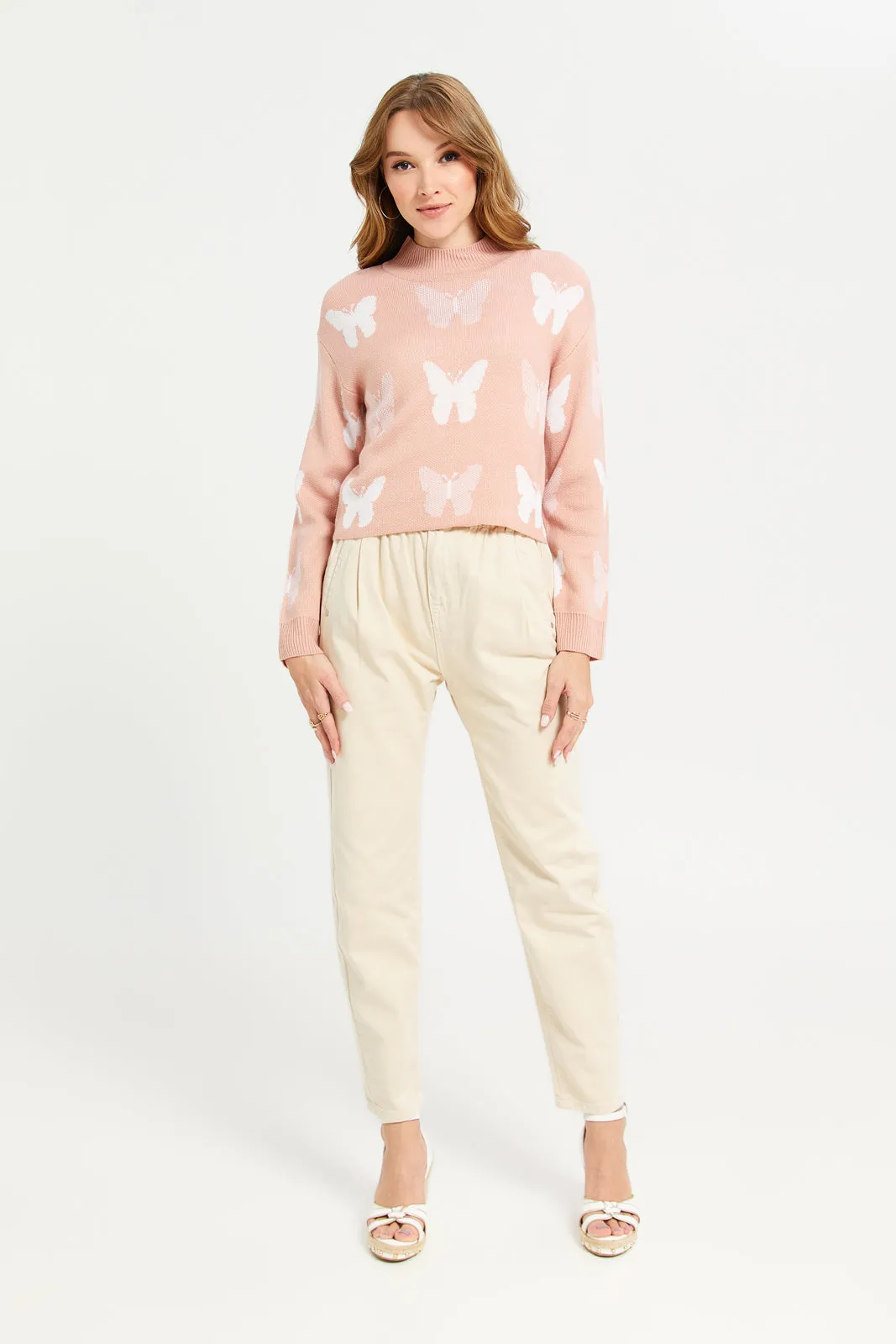 Women Pink Butterfly Printed Pullover