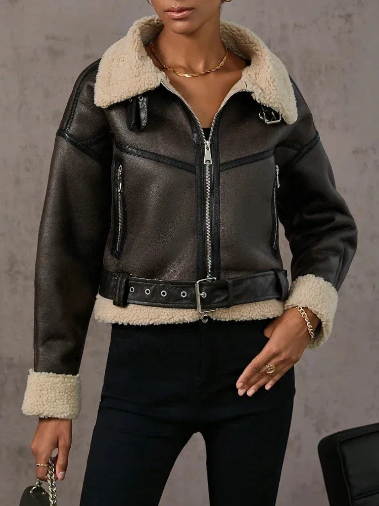 Women Shearling-Lined Biker Jacket – Outerwear for Fall and Winter