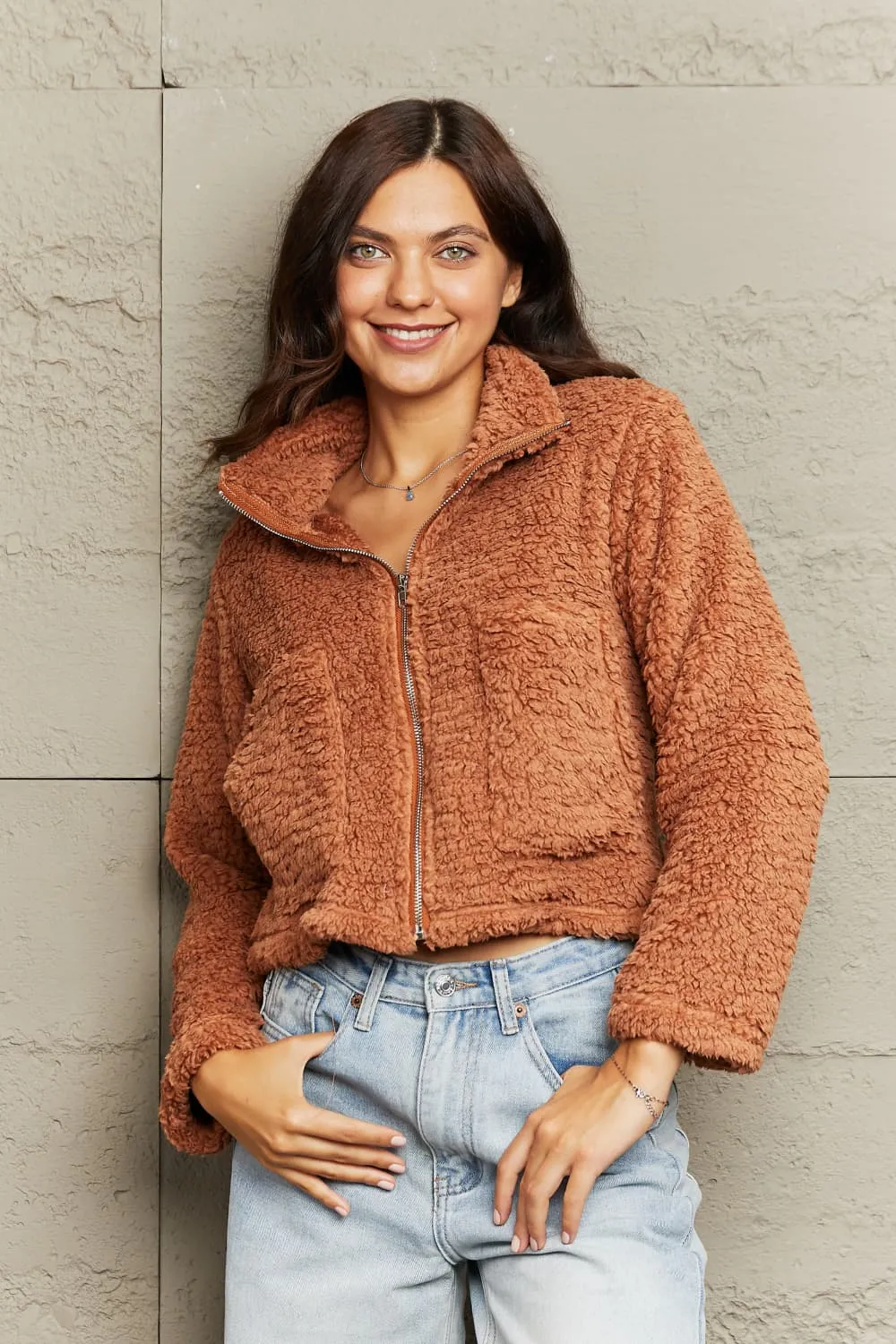 Women's Cozy Collared Zip-Up Teddy Jacket