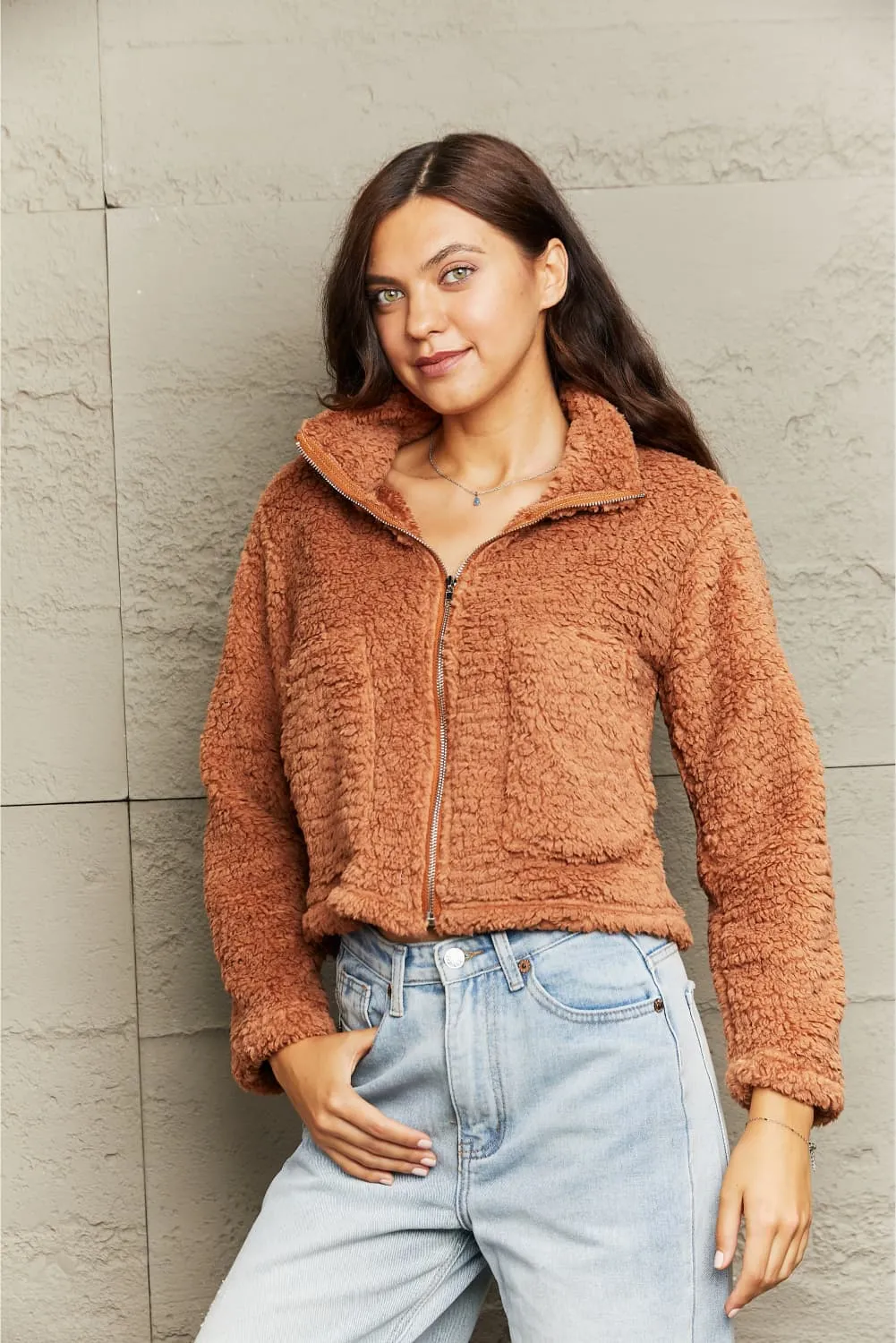 Women's Cozy Collared Zip-Up Teddy Jacket