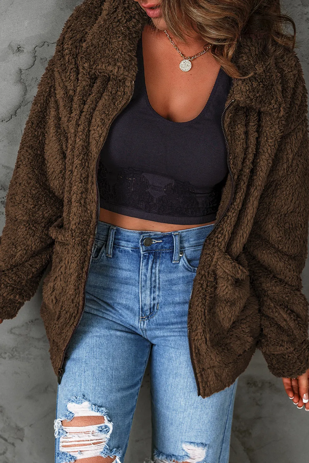 Women's Cozy Teddy Jacket with Zipper Closure and Pockets