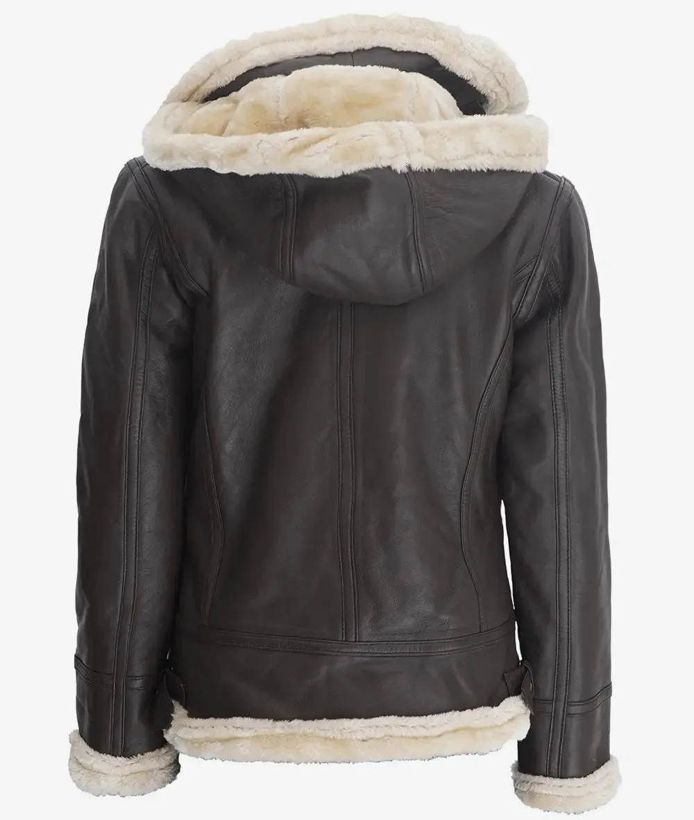 Womens Dark Brown Hooded Shearling Leather Jacket