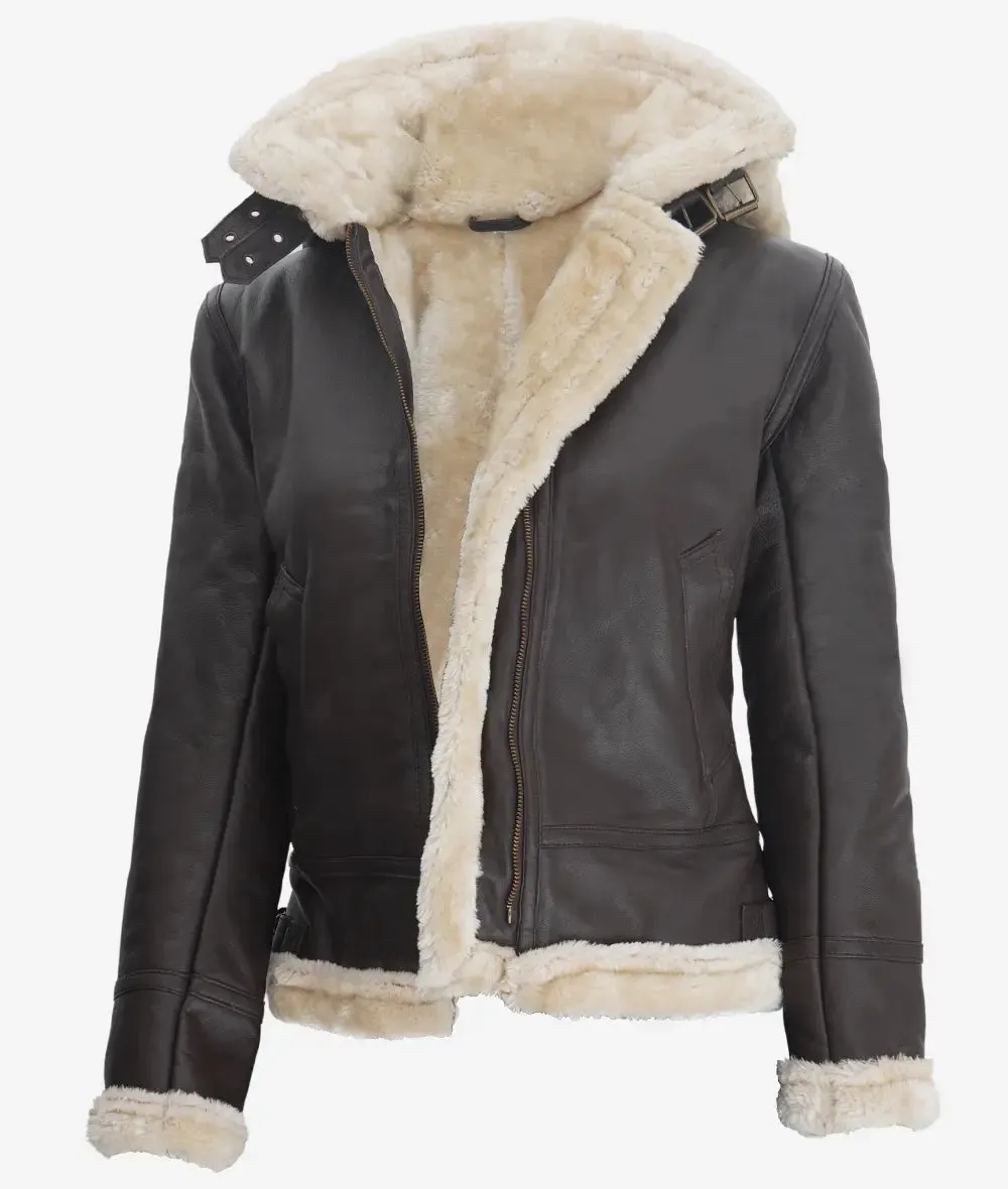 Womens Dark Brown Hooded Shearling Leather Jacket