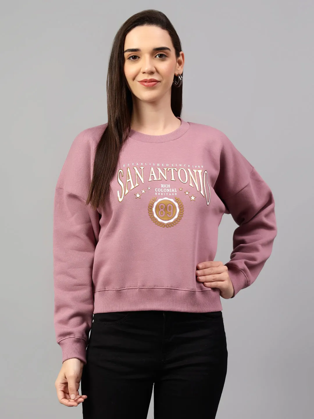 Women's Mauve Printed Round Neck Crop Sweatshirt