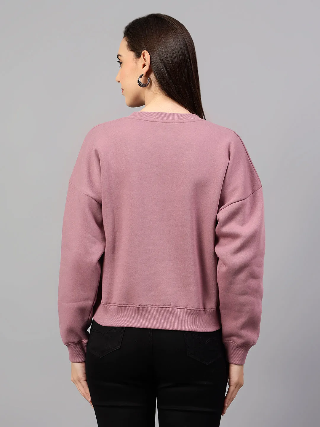 Women's Mauve Printed Round Neck Crop Sweatshirt