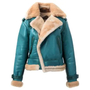 Women's Teal blue  Shearling Faux Fur Aviator Leather Jacket