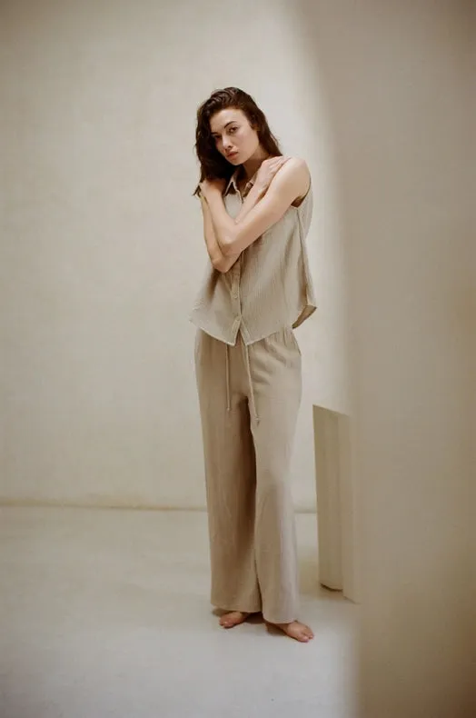 Woven Cotton Gauze Wide Leg Pants with Pockets