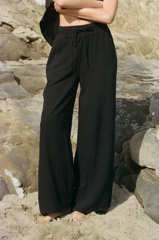 Woven Cotton Gauze Wide Leg Pants with Pockets